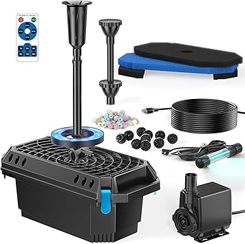 Premium Quiet POPOSOAP Pond Filter with U-V Clarifier, 660GPH 40W Pond Pump and Filter Kit with RGB LED Lights, All-in-One Pond Fountain for Outdoor Ponds Up to 1300 Gallons P2360 - High-Efficiency Aquarium Filter