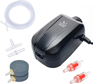 Premium Quiet Uniclife Aquarium Air Pump Dual Outlet Fish Tank Aerator with Accessories for 5-200 Gallon Tank - High-Efficiency Aquarium Filter