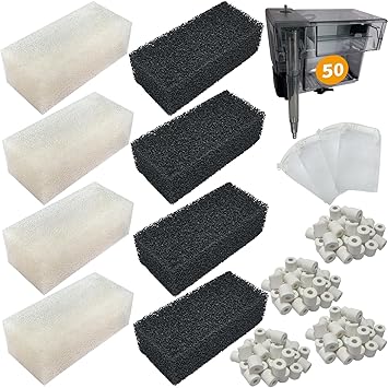Premium Quiet 4 Set of Three-Stage Filtration Tank Filter Maintenance Kit, Replacement for AquaClear 50/200 50-Gallon Power Filter, Fish Tank Filter for 20- to 50-Gallon Aquariums - High-Efficiency Aquarium Filter