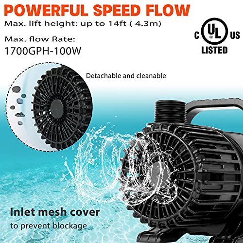 Premium Quiet WaterRebirth (1700GPH-120W,UL listed) Large Fountain Submersible Water Pond Sump Pump Aquarium Electric Waterfall Pump Outdoor PS-1700 - High-Efficiency Aquarium Filter detail