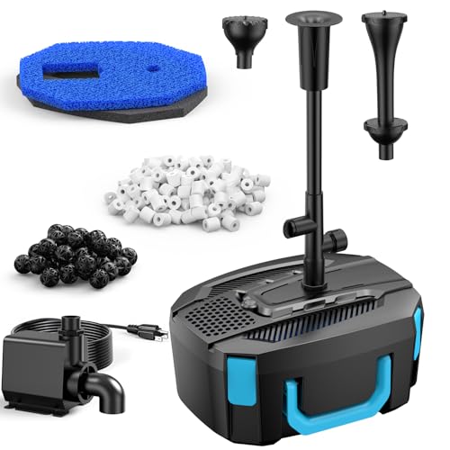 Premium Quiet 850GPH All-in-1 Pond Pump and Filter Kit for Ponds Up to 750 Gallons | High Flow Submersible Fountain Pump for Koi Ponds, Bird Baths & Water Features, 4-Layer Filters with 3 Spray Patterns -No LED - High-Efficiency Aquarium Filter detail