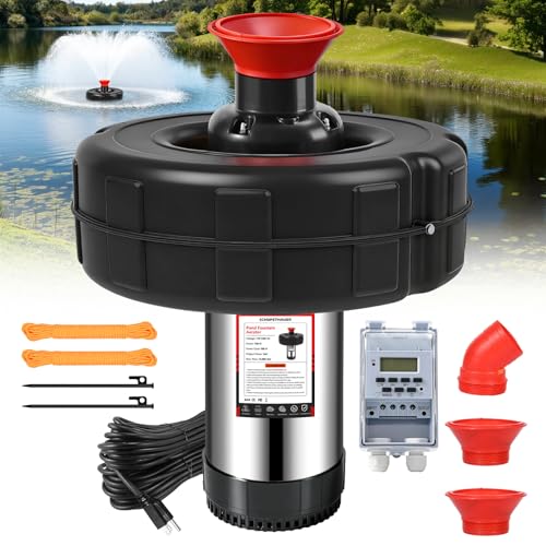 Premium Quiet Pond Fountain Aerator, 1HP 110V 750W 15000 GPH Floating Fountain Pump with 100 FT Power Cord, 2 x 100 FT Rope, Timer, Fully Automatic Powerful Aerating Fountain for Larger Ponds, Lakes - High-Efficiency Aquarium Filter detail