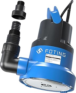 Premium Quiet FOTING 1/2HP Submersible Water Pump with Stainless Steel Base - Removes Water to 0.04" Depth, 2450GPH Portable Sump Pump for Puddles, Pools, Boats, Gardens & Ponds - 10Ft Cord Included - High-Efficiency Aquarium Filter