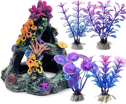 Premium Quiet GSD Aquarium Colorful Coral Reef Set Fish Tank Decoration Mountain Ornament for Aquarium Environments Decor Accessories, Coral Mountain x 1, Aquatic Plant x 4 - High-Efficiency Aquarium Filter